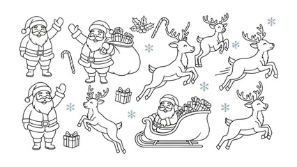 Festive Set of Elements: A delightful array of line art images capturing the magic of the holiday season, with illustrations of a jolly figure and his reindeer, ready to bring cheer and gifts to all.