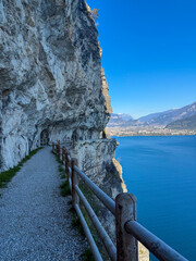 Tagliata del Ponale old road on the edge of the cliff over Lake Garda, Italy