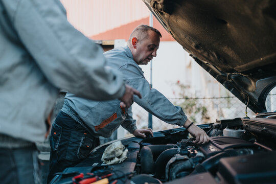 Two technicians in work jumpsuits inspect the engine bay, collaborating to troubleshoot while tools and a cloth lie nearby in an outdoor workshop setting.