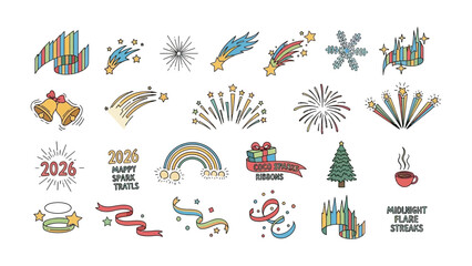 Festive New Year's and holiday graphic elements: A joyful ensemble of diverse illustrations heralds the New Year and holiday celebrations, encompassing stars, decorations.