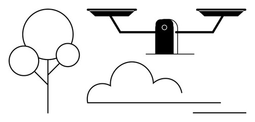 Balance scale, cloud, and tree outline convey concepts of justice, harmony, and environmental balance. Ideal for law, sustainability, fairness, equality minimalism decision-making mindfulness