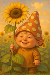 Cheerful gnome child smiling with giant sunflower in sunny enchanted field at golden hour