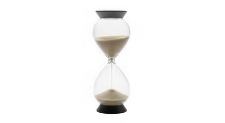 Modern hourglass with flowing sand measuring time on white background
