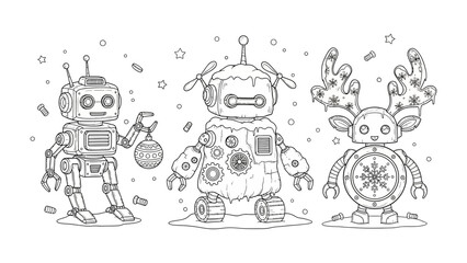 Robotic Holiday Trio: A charming illustration depicts a trio of whimsical robots, each uniquely adorned with festive decorations, embodying the spirit of celebration and technological charm.