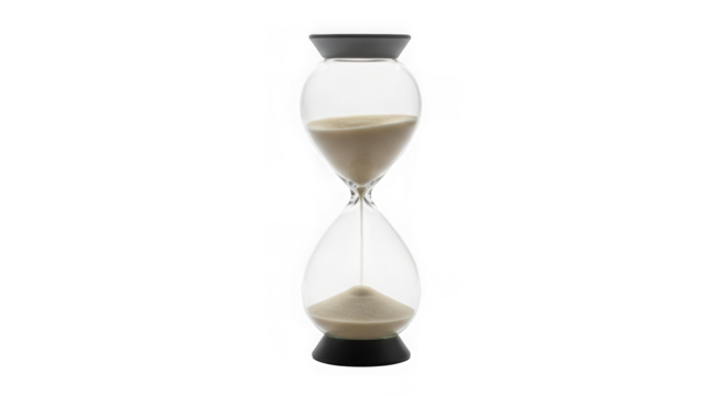 Modern hourglass with flowing sand measuring time on white background