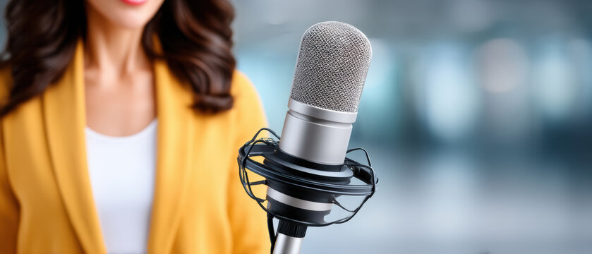 Modern lifestyle podcast host speaking into professional studio microphone with blurred