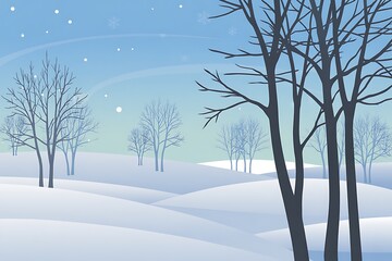Bare winter trees in a serene snowy landscape with falling snowflakes