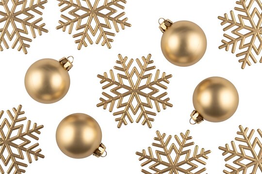 Golden christmas ornaments and snowflakes seamless pattern on white background