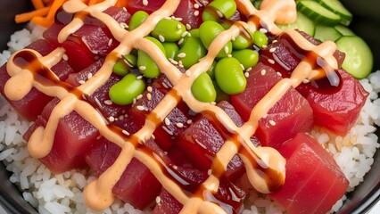 A colorful Hawaiian poke bowl with sushi rice, cubed ahi tuna, and edamame, topped with an artistic cross-hatch drizzle of spicy mayo and dark eel sauce.

