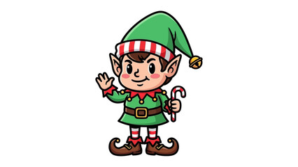 Animated Festive Elf: A cheerful elf, donned in a traditional green tunic and cap, waves with a candy cane in hand, exuding the spirit of the holidays.