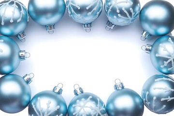 Blue christmas ornaments border on white background with copy space