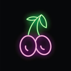 Neon sign showing two cherries with stem, glowing in purple and green on black background