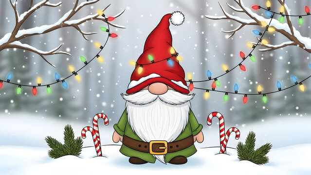 Holiday gnome in snow with candy canes and festive lights decoration cartoon - Powered by Adobe