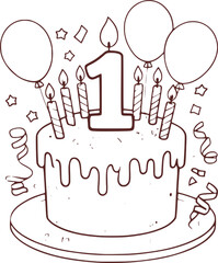 Line Art of First Birthday Cake with Candles and Balloons