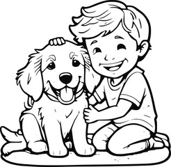 Line Drawing of Smiling Child Sitting with Happy Dog