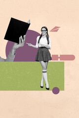 Naklejka premium Pop image sketch 3d collage poster of happy schoolgirl wear uniform point hands hold book literature subject university learner