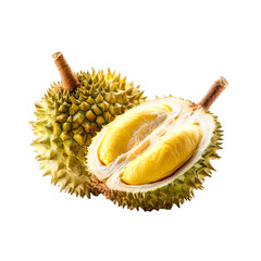 Obraz premium Fresh ripe durian fruit cut open showing yellow flesh isolated on transparent background