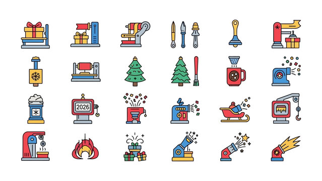 Holiday Cheer Icons: A vibrant collection of Christmas-themed icons presents a delightful array of illustrations of presents and holiday equipment.
