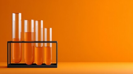 Lab Glassware with Liquid: A neat arrangement of transparent test tubes, filled with an intriguing amber liquid, sits poised against a vibrant orange backdrop.