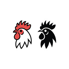 Two stylized rooster heads, one in red and white, the other in black, against a white background.