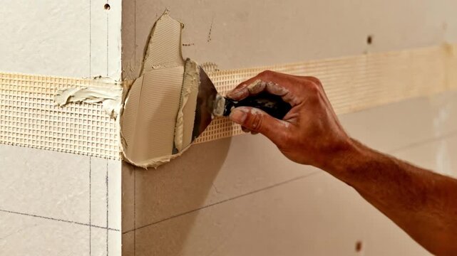 Closeup medium shot of hand smoothing quickset mud over taped drywall corners for fast durable finish.