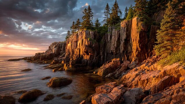 Dramatic coastal landscape at sunrise featuring rocky cliffs and evergreen trees a scenic view in Acadia National Park Maine
