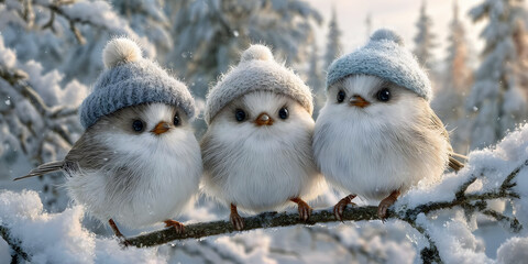 Winter Whimsy: Cozy Birds in Snowy Hats, ai generated.