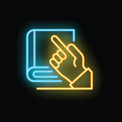 Obraz premium Neon sign of a hand with the index finger pointing a book, representing the concept of education