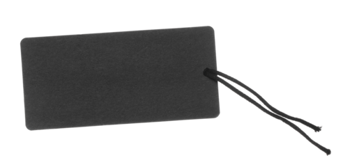 Elegant blank black cardboard price tag tied with string isolated on white background, clipping path