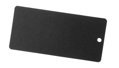 Blank black cardboard price tag with hole isolated on white background, light gradient, clipping path