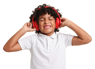 Portrait of little boy with headphones on white background
