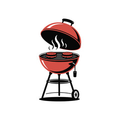 A red barbecue grill cooks two burgers with steam rising from the food.