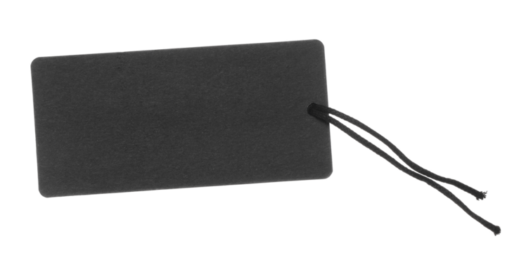 Elegant blank black cardboard price tag tied with string isolated on white background, clipping path