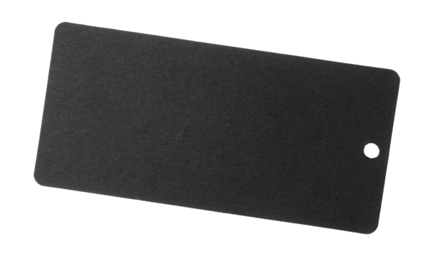 Blank black cardboard price tag with hole isolated on white background, light gradient, clipping path