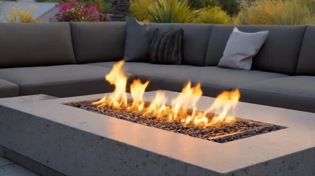 Modern rooftop lounge with fireplace and cityscape at sunset