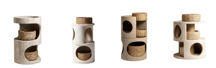 Four modern cat trees with scratching posts and multiple levels for feline play and rest isolated on transparent background