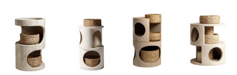 Four modern cat trees with scratching posts and multiple levels for feline play and rest isolated on transparent background