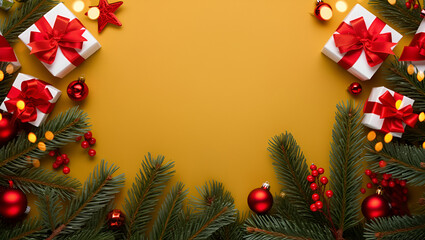 Merry Christmas and Happy Holidays greeting card, frame, banner. New Year. Noel. Red and white Christmas decorations and gifts on orange background top view. Winter xmas holiday celebration theme. 