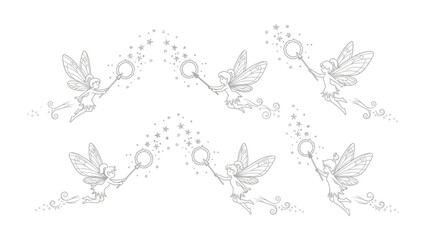 Enchanting Pixies in Flight: A captivating sketch depicts a series of delicate pixies, gracefully soaring through the air, their magical wands leaving trails of stars and bubbles.
