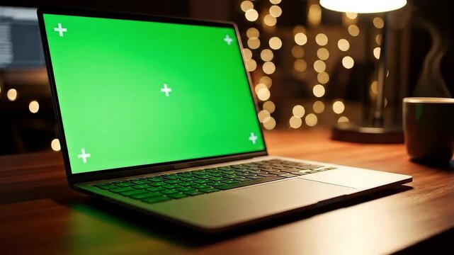 Modern laptop with green screen on wooden desk ready for video compositing and content creation perfect for digital marketing ads