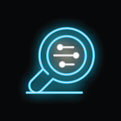 Blue neon icon of a magnifying glass focusing on a website menu, representing the concept of search engine optimization