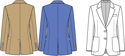 Technical fashion flat vector illustration of classic tailored blazer jacket, notched lapel, two-button closure, long sleeve business apparel template