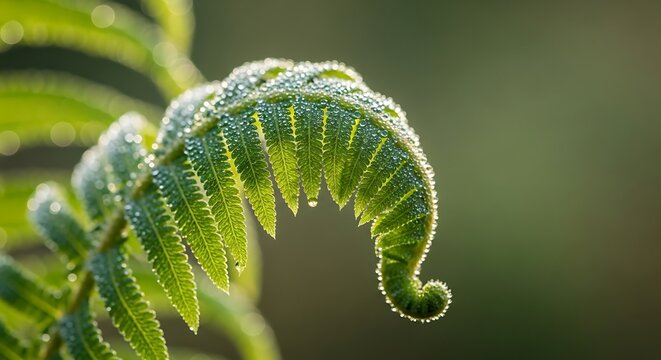 Fiddlehead Fern Frond Unfurling with Sparkling Morning Dew