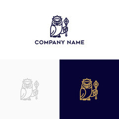Elegant wise owl wearing a majestic crown and holding a royal scepter, symbolizing wisdom, authority, and power, perfect for sophisticated branding or distinguished emblems