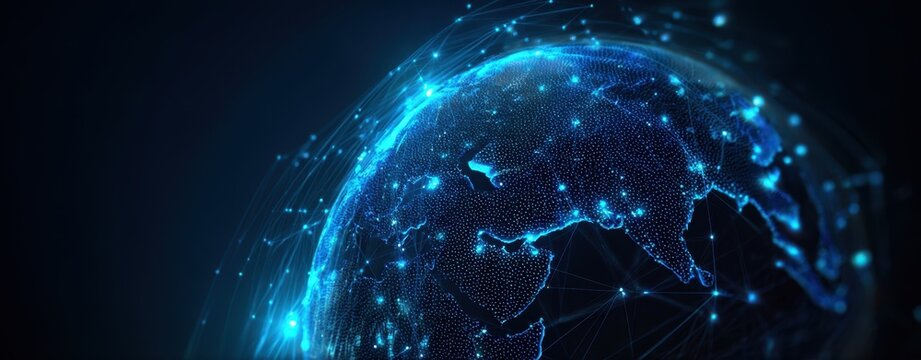 The Earth illuminated by glowing network connections and futuristic digital data streams