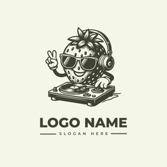 Obraz premium Strawberry DJ Vector Logo Illustration in Engraving Style