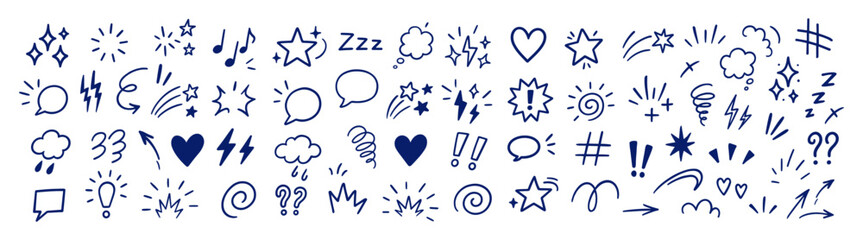 Handdrawn comic emotion icons doodle symbol set
