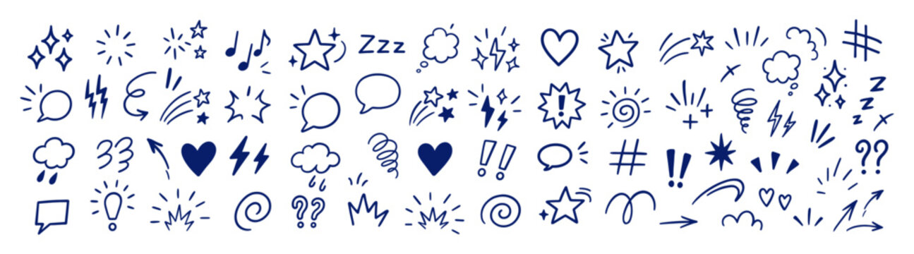Handdrawn comic emotion icons doodle symbol set