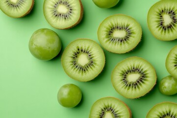 Fototapeta premium Fresh kiwi fruit slices and green grapes creating a pattern