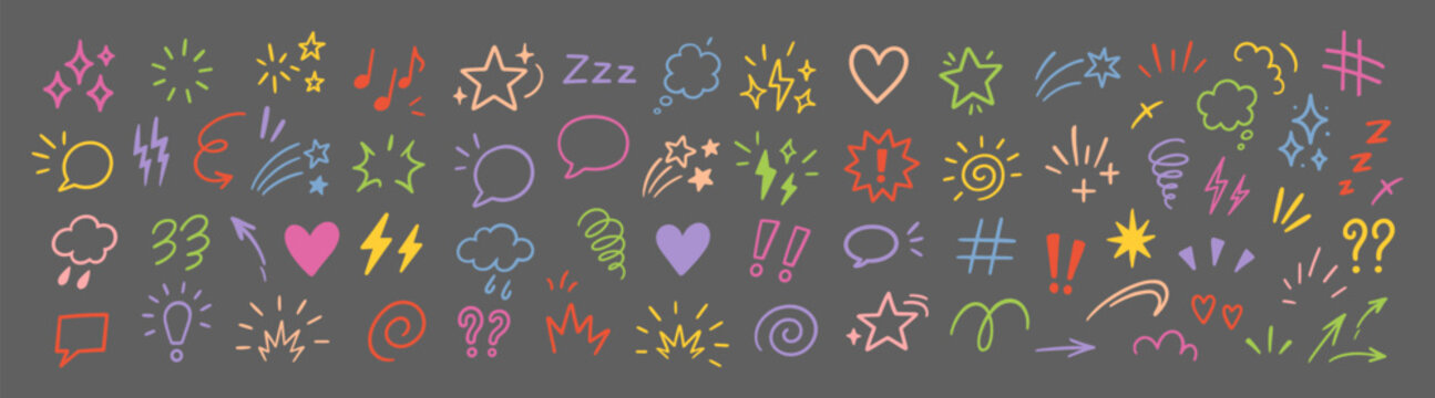 Doodle emotion cartoon expressive elements icon set colorful hand drawn symbols